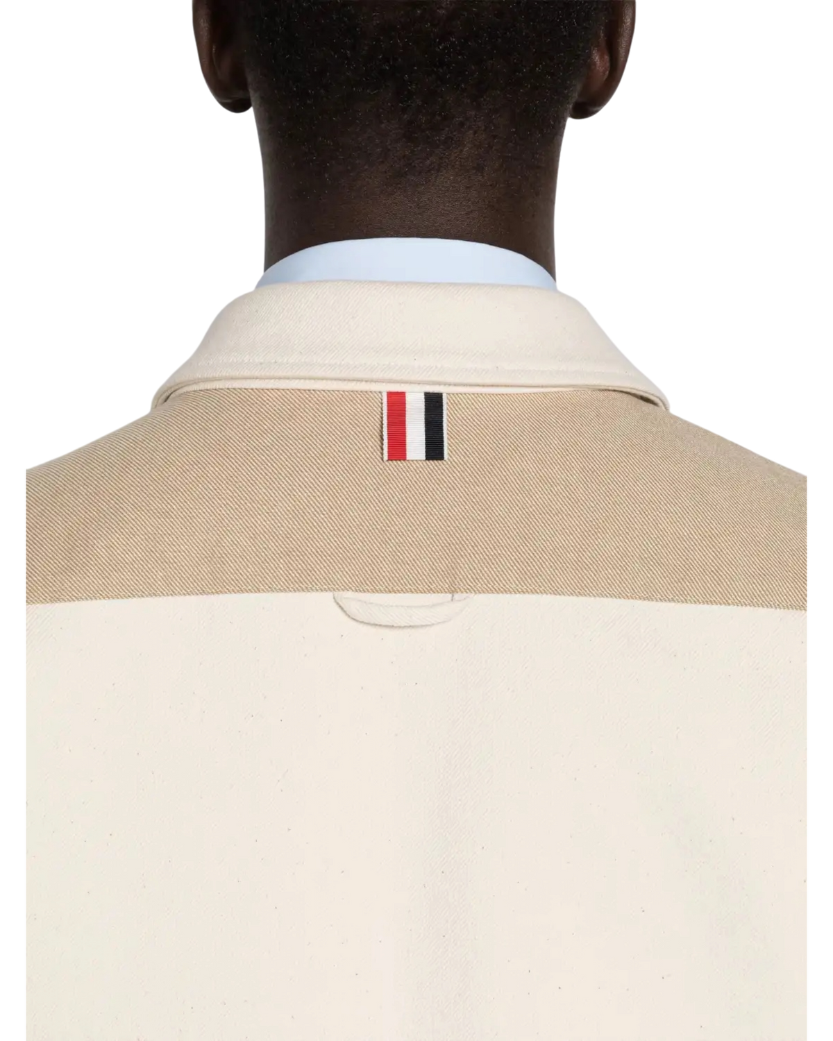 Thom Browne Funmix 4-Bar Snap-Front Overshirt in Selvedge Denim — Khaki/Ivory, Size TB 0 / S