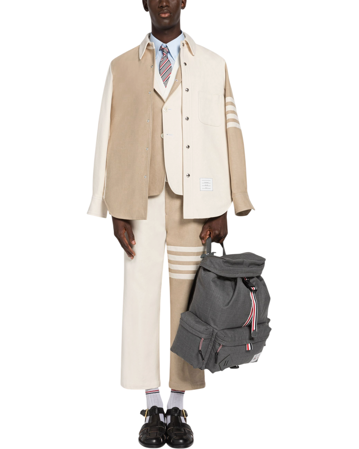 Thom Browne Funmix 4-Bar Snap-Front Overshirt in Selvedge Denim — Khaki/Ivory, Size TB 0 / S