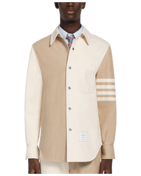 Thom Browne Funmix 4-Bar Snap-Front Overshirt in Selvedge Denim — Khaki/Ivory, Size TB 0 / S