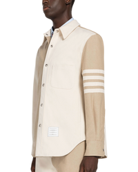 Thom Browne Funmix 4-Bar Snap-Front Overshirt in Selvedge Denim — Khaki/Ivory, Size TB 0 / S