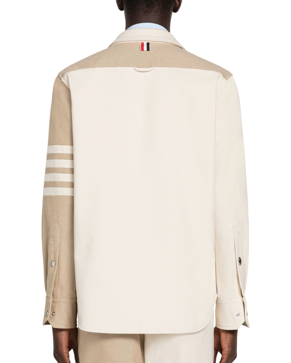 Thom Browne Funmix 4-Bar Snap-Front Overshirt in Selvedge Denim — Khaki/Ivory, Size TB 0 / S