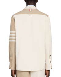 Thom Browne Funmix 4-Bar Snap-Front Overshirt in Selvedge Denim — Khaki/Ivory, Size TB 0 / S