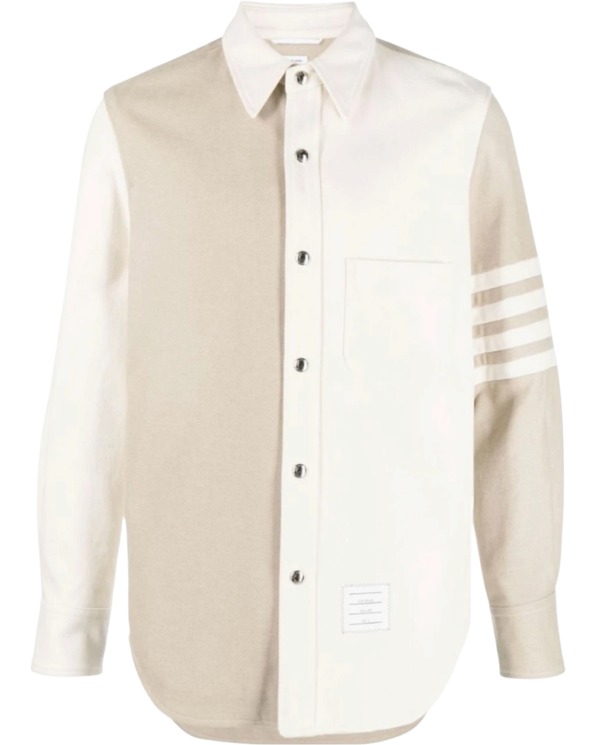 Thom Browne Funmix 4-Bar Snap-Front Overshirt in Selvedge Denim — Khaki/Ivory, Size TB 0 / S