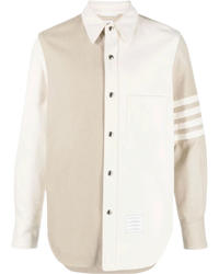 Thom Browne Funmix 4-Bar Snap-Front Overshirt in Selvedge Denim — Khaki/Ivory, Size TB 0 / S