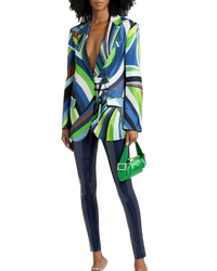 Pucci Iride-Print Silk Wrap Blazer — Indigo, Size IT 42 / US 6