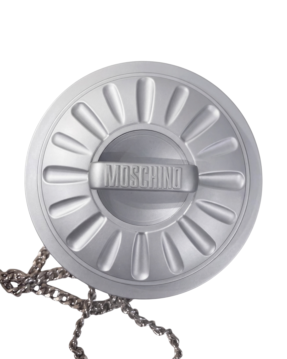 Moschino Trash Can chain shoulder bag in grey, top view of the ribbed round lid with embossed Moschino handle