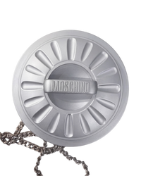 Moschino Trash Can chain shoulder bag in grey, top view of the ribbed round lid with embossed Moschino handle