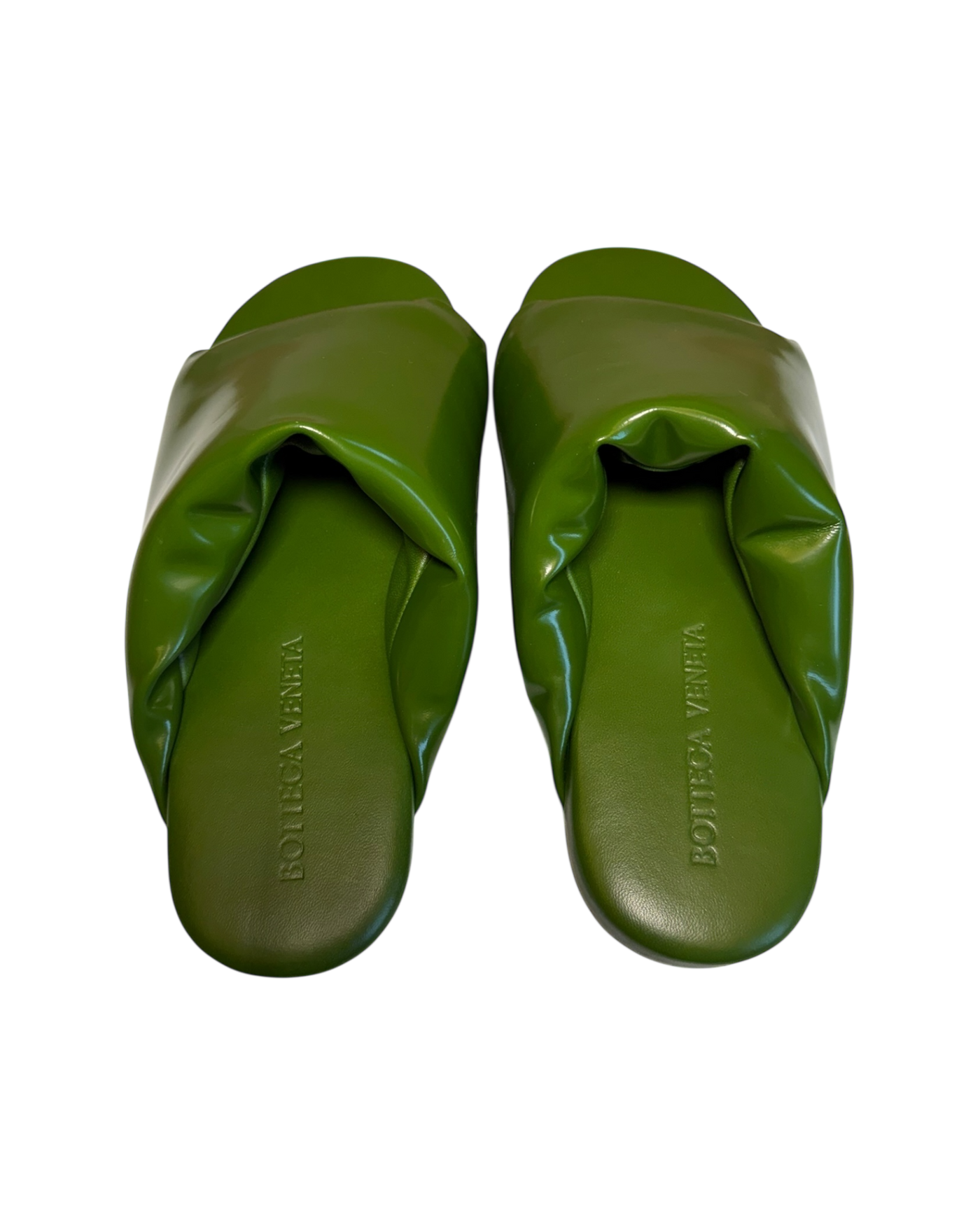 Bottega Veneta Cushion Slides in Jalapeño Patent Leather