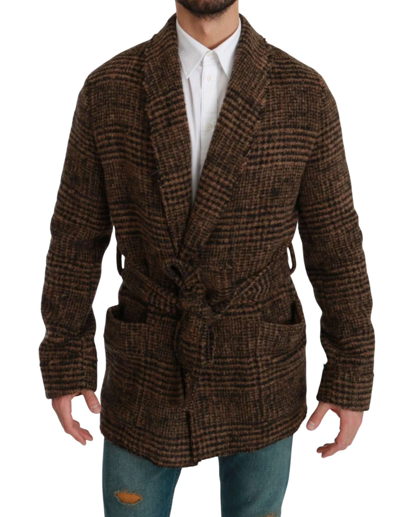 Dolce & Gabbana Checkered Wool Wrap Jacket - Brown, IT 46 / US 36 / S