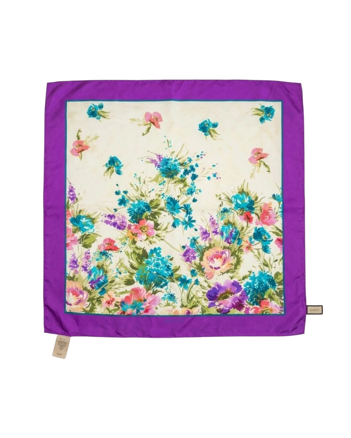 Gucci Silk Scarf 90x90 Floral Pattern Purple Edge Authentic Used Vintage
