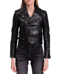 Balenciaga Grained Leather Cropped Biker Jacket
