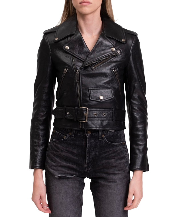 Balenciaga Grained Leather Cropped Biker Jacket — Black, Size FR 34 / US 2