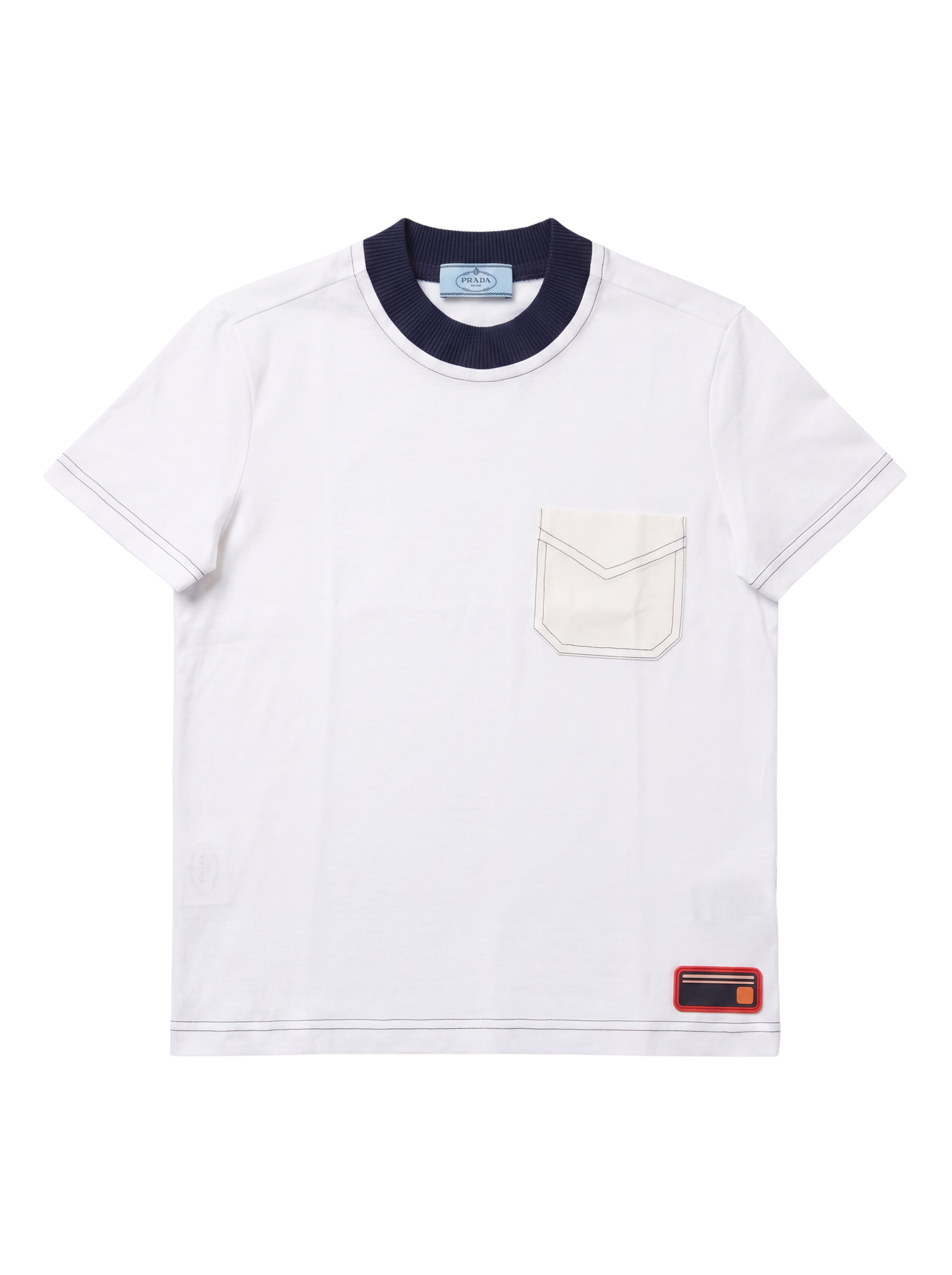 Prada Optic White Cotton Jersey T-Shirt — Navy Rib Collar, XS