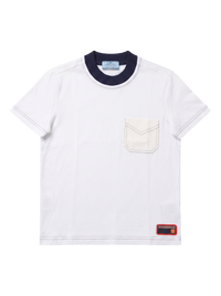 Prada Optic White Cotton Jersey T-Shirt — Navy Rib Collar, XS