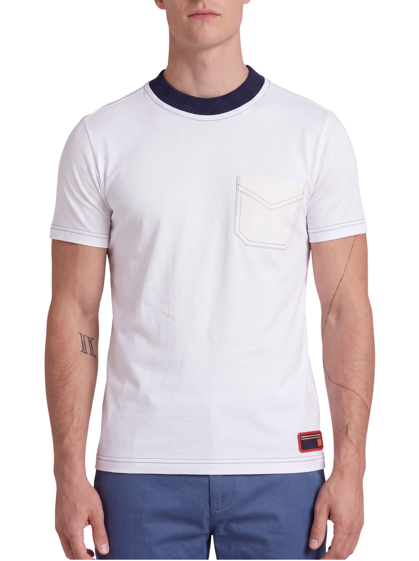 Prada Optic White Cotton Jersey T-Shirt — Navy Rib Collar, XS