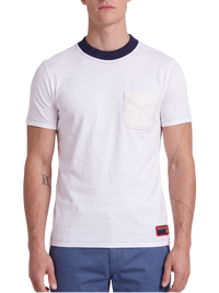 Prada Optic White Cotton Jersey T-Shirt — Navy Rib Collar, XS