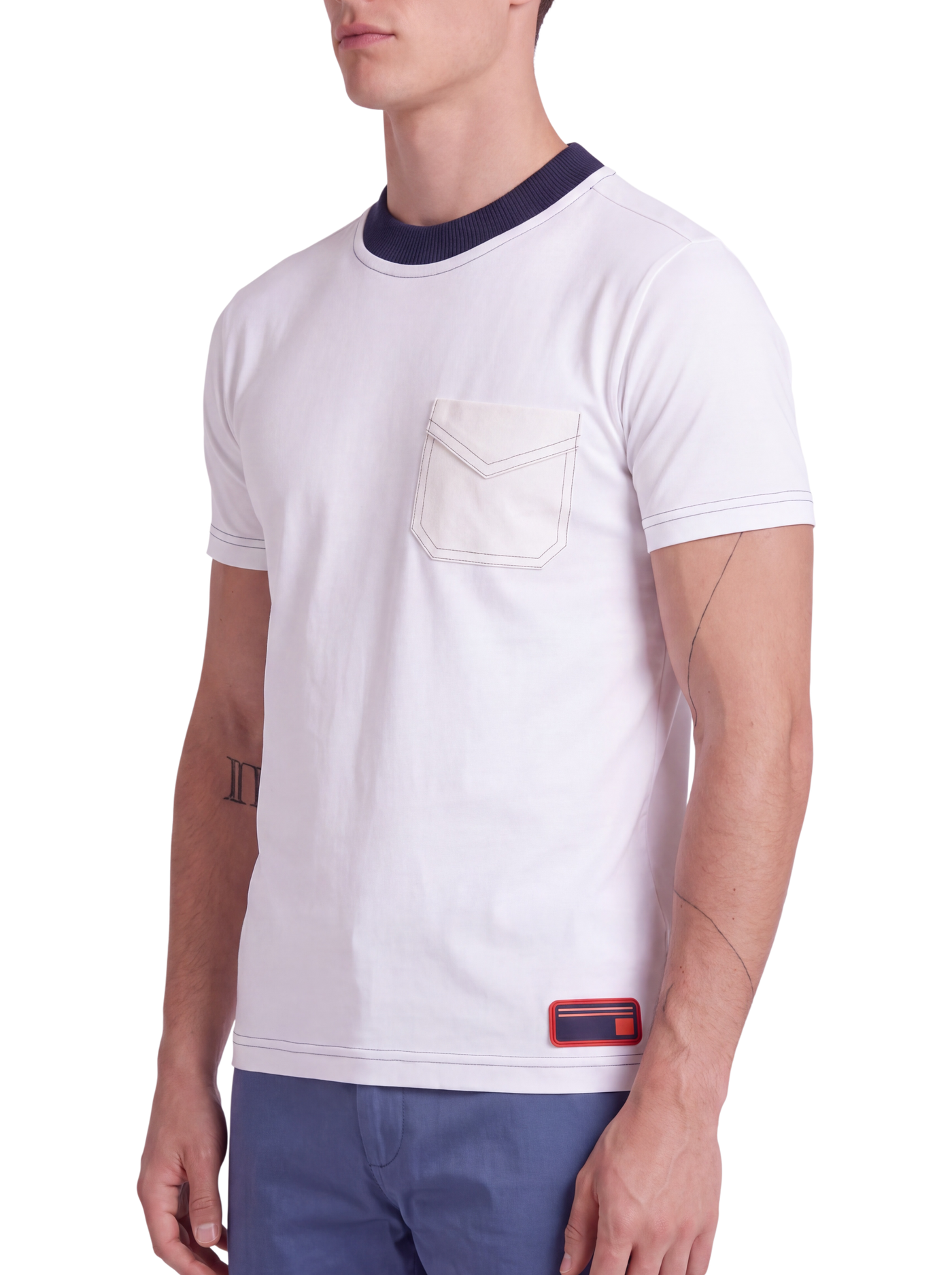 Prada Optic White Cotton Jersey T-Shirt — Navy Rib Collar, XS