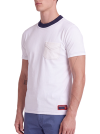 Prada Optic White Cotton Jersey T-Shirt — Navy Rib Collar, XS