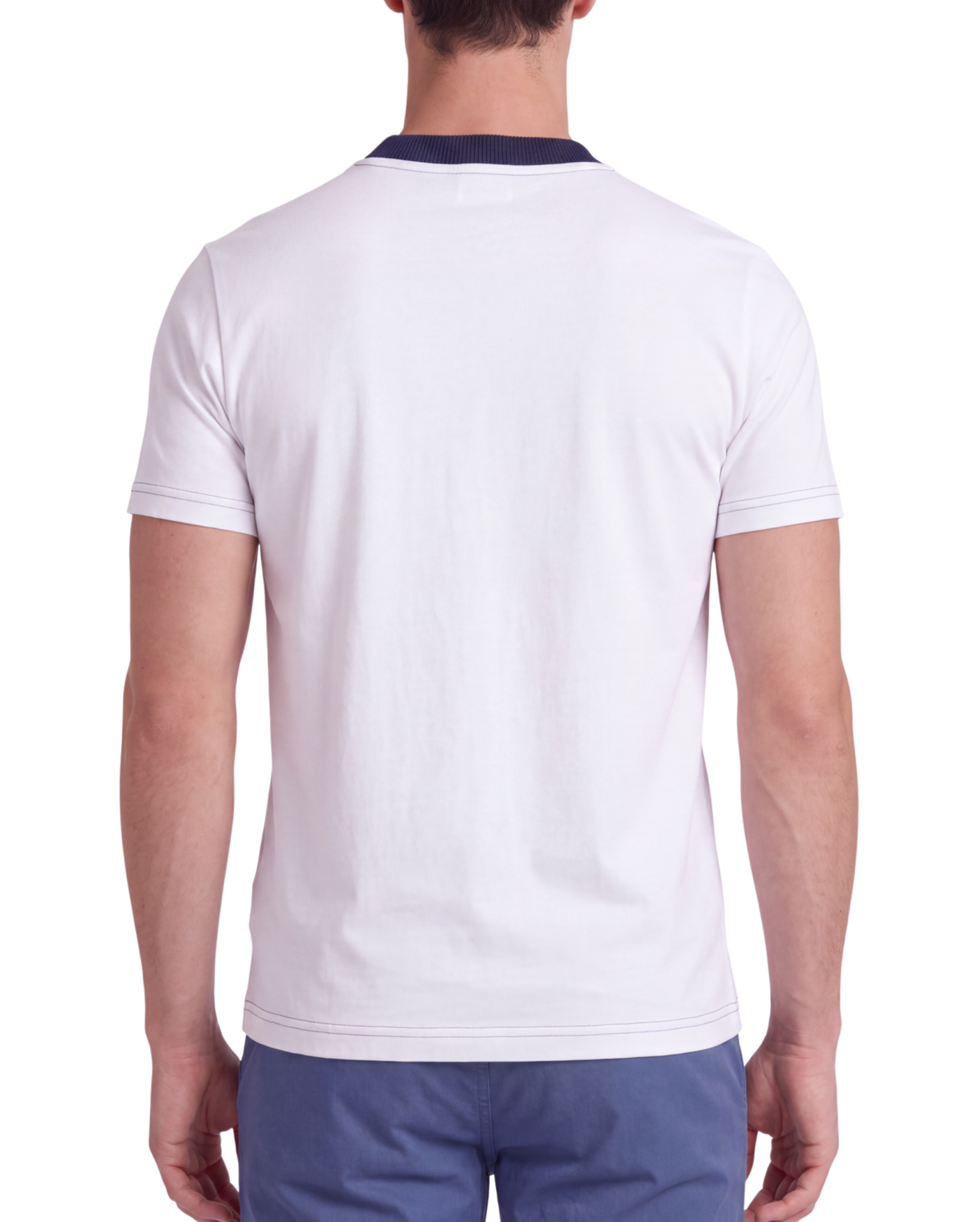 Prada Optic White Cotton Jersey T-Shirt — Navy Rib Collar, XS