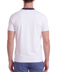 Prada Optic White Cotton Jersey T-Shirt — Navy Rib Collar, XS