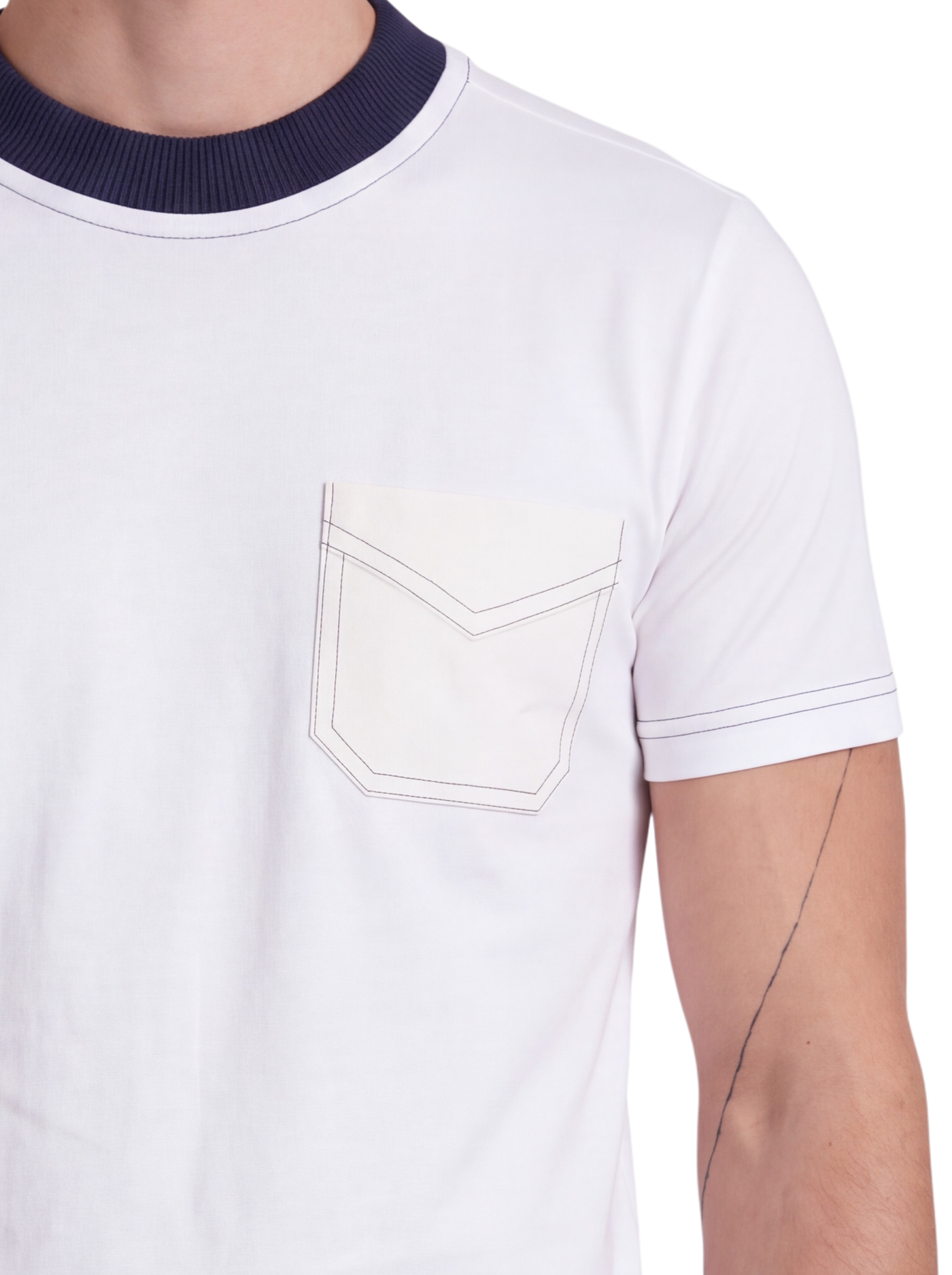 Prada Optic White Cotton Jersey T-Shirt — Navy Rib Collar, XS