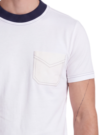 Prada Optic White Cotton Jersey T-Shirt — Navy Rib Collar, XS