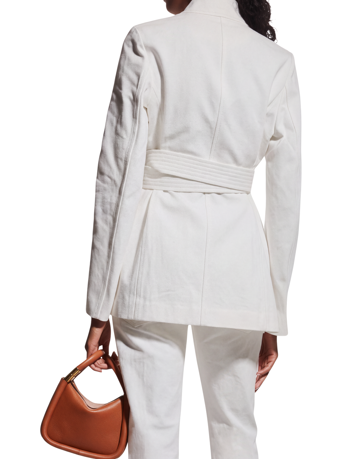Gabriela Hearst Racer belted blazer in white on model, back view of the belted waist and textured weave