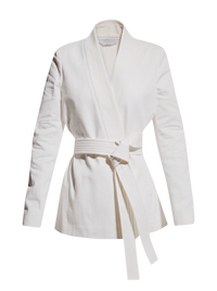 Gabriela Hearst Racer belted blazer in white, front flat view with wrap front and long tied belt ends