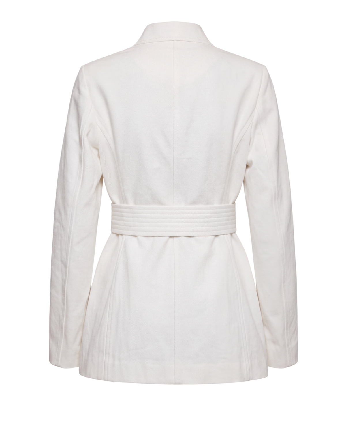 Gabriela Hearst Racer belted blazer in white, back flat view with stitched belt and center back seam