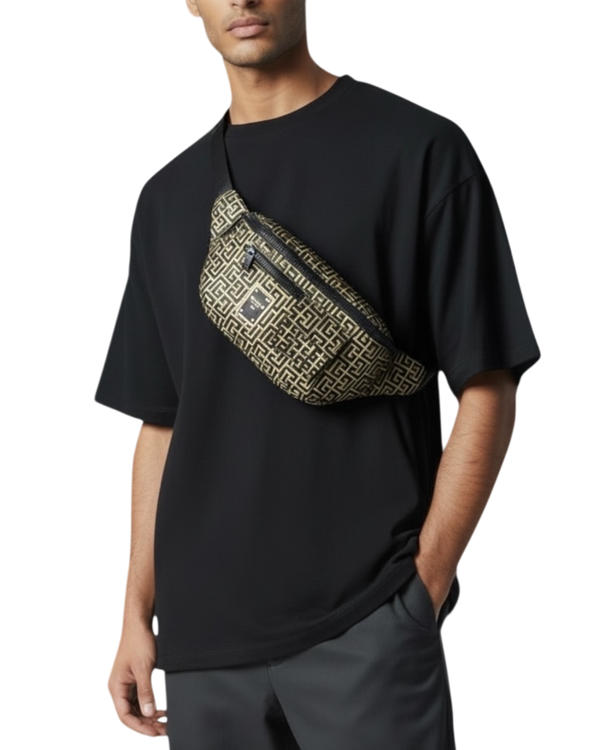 Balmain Labyrinth Monogram League Nylon Belt Bag — Black/Beige