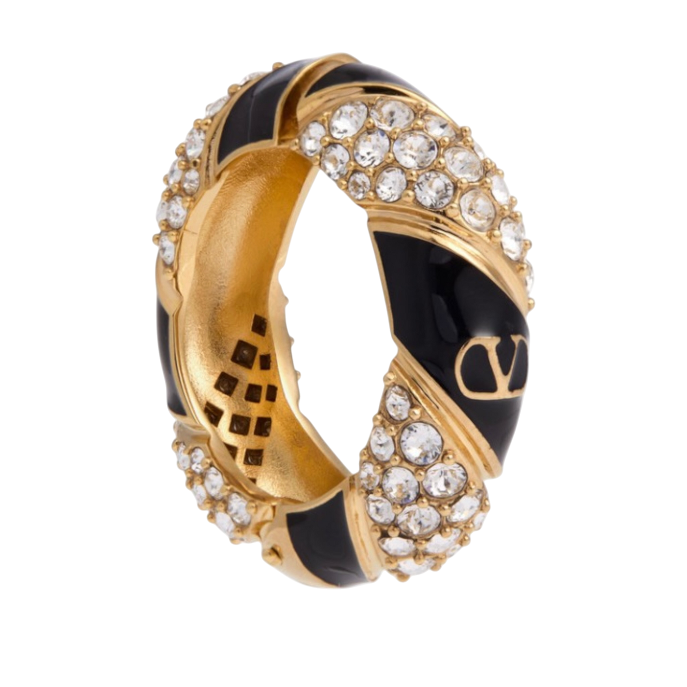 Valentino Garavani Crystal & Enamel VLogo Ear Cuff — Black/Gold, Size One Size