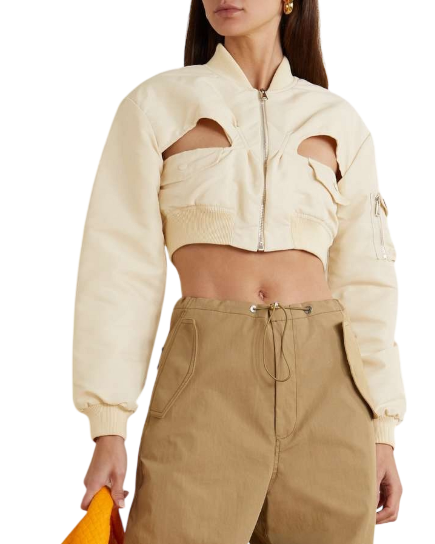 Coperni Cut-Out Cropped Twill Bomber Jacket in Cream