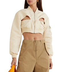 Coperni Cut-Out Cropped Twill Bomber Jacket in Cream
