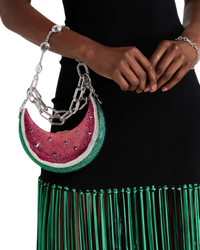 Judith Leiber Watermelon Crescent Crystal-Embelliished Silver-Toned Clutch in Red