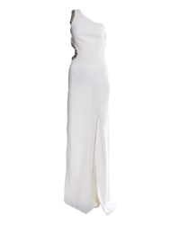 Roberto Cavalli Cadi Embroidered Cutout Asymmetric Shoulder Gown in Optical White