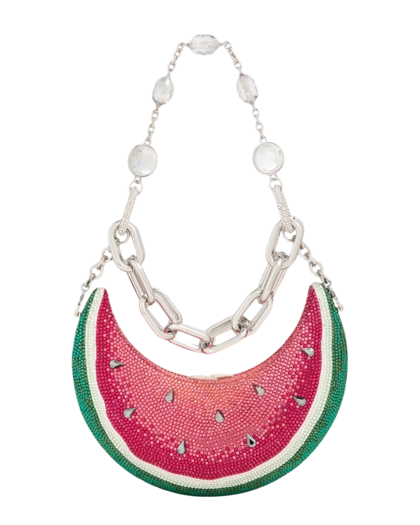 Judith Leiber Watermelon Crescent Crystal-Embelliished Silver-Toned Clutch in Red
