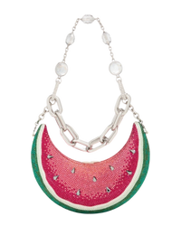 Judith Leiber Watermelon Crescent Crystal-Embelliished Silver-Toned Clutch in Red
