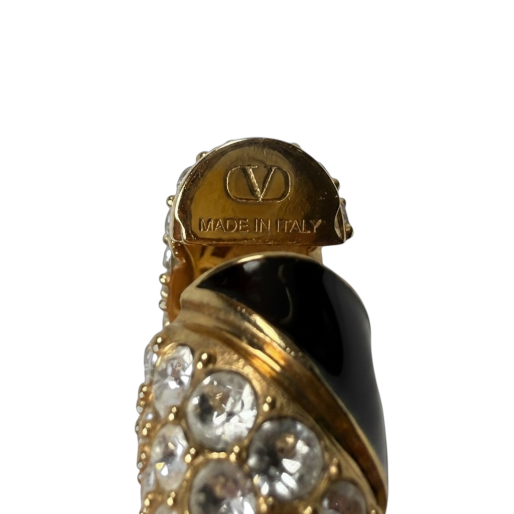 Valentino Garavani Crystal & Enamel VLogo Ear Cuff — Black/Gold, Size One Size
