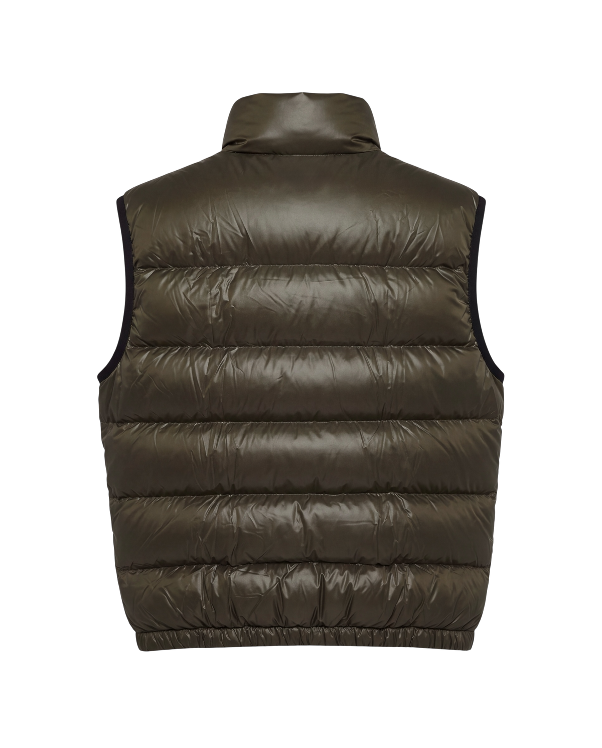 Prada quilted ripstop down gilet in green, flat back view showing stand collar, quilted channels and elasticated hem