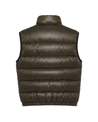 Prada quilted ripstop down gilet in green, flat back view showing stand collar, quilted channels and elasticated hem
