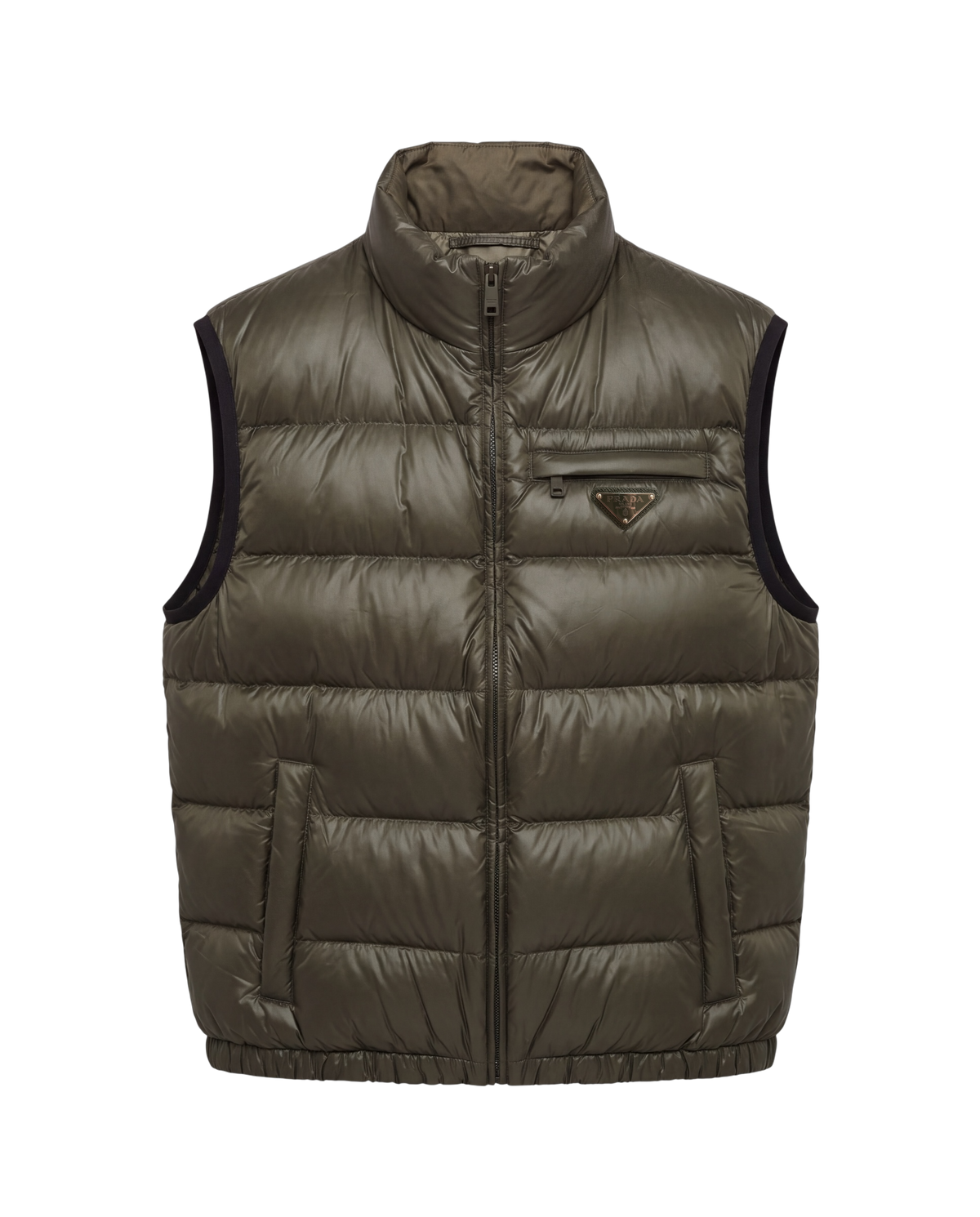 Prada quilted ripstop down gilet in green, flat front view with full-length zip, chest zip pocket, side welt pockets and black armhole trim