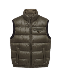 Prada quilted ripstop down gilet in green, flat front view with full-length zip, chest zip pocket, side welt pockets and black armhole trim