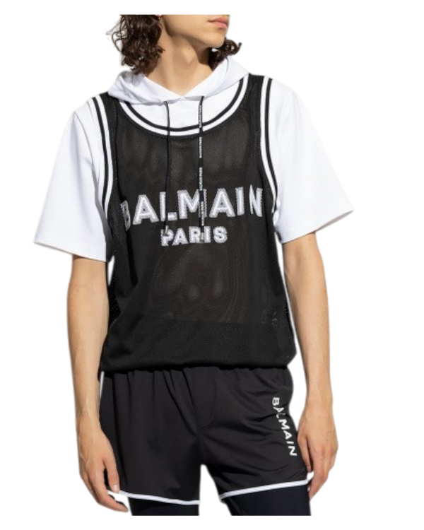 Balmain Layered Logo-Print Hoodie — White and Black, Size XS