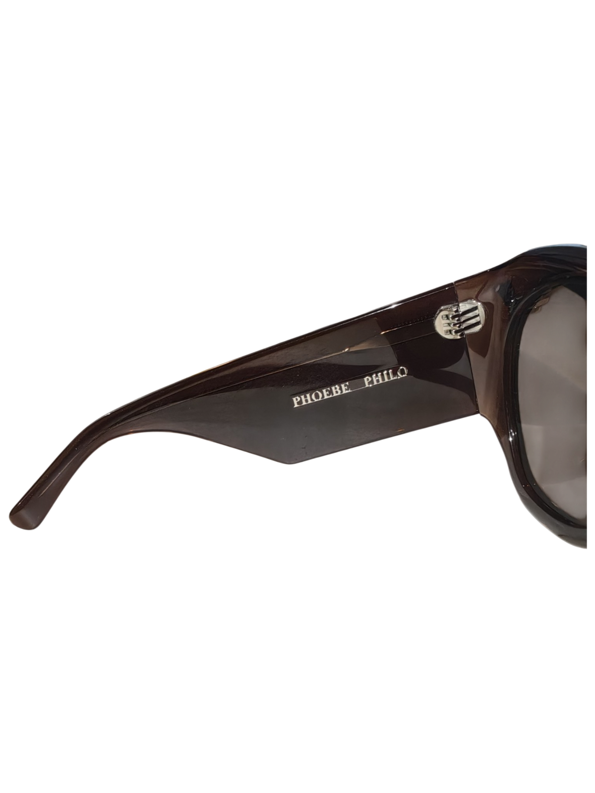 Phoebe Philo Bombé sunglasses in polished dark brown acetate with wide temples and gold logo branding.