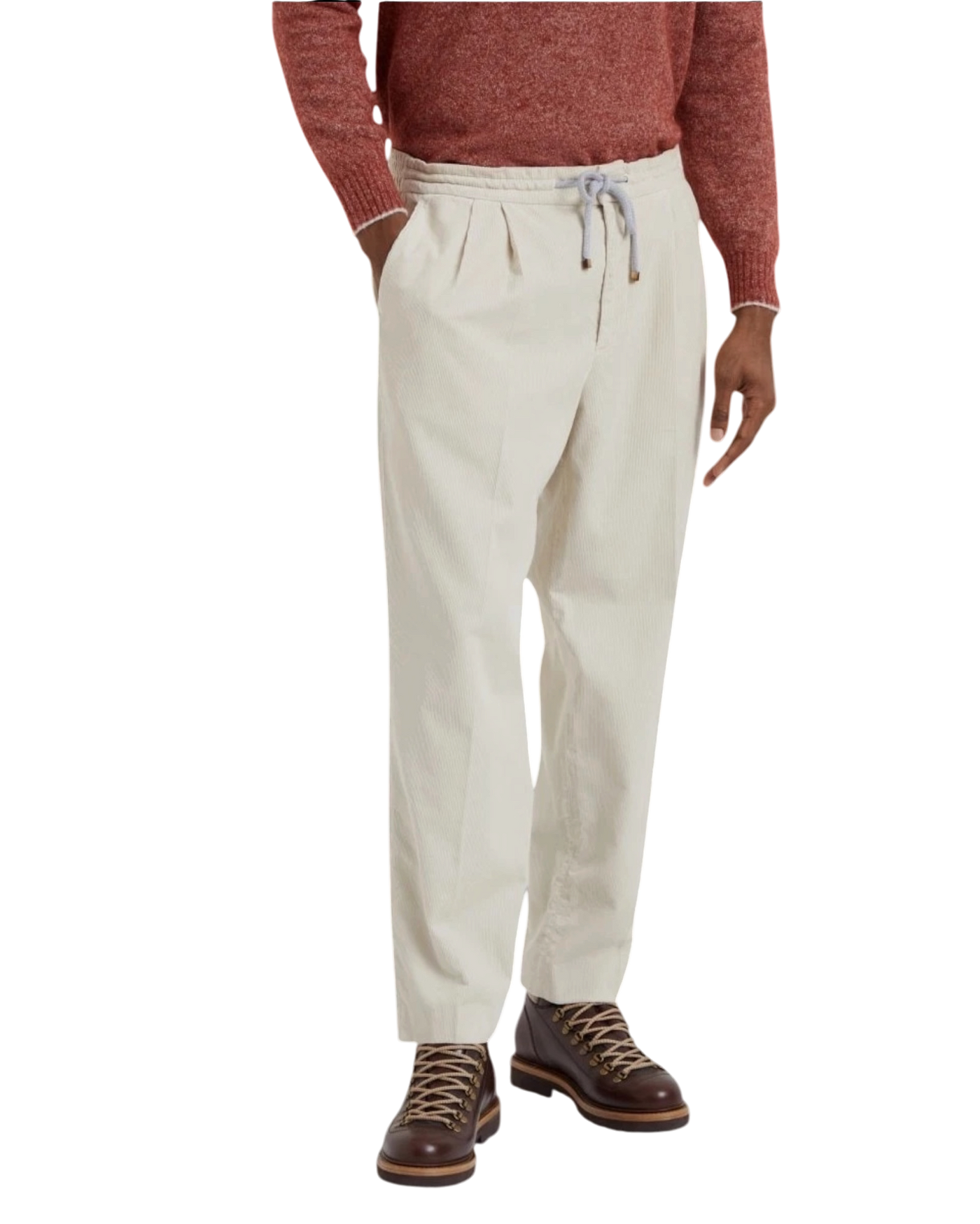 Brunello Cucinelli Pleated-Front Corduroy Chinos — Ivory, Size 50