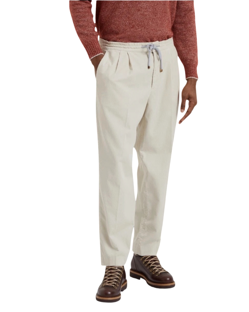 Brunello Cucinelli Pleated-Front Corduroy Chinos — Ivory, Size 50