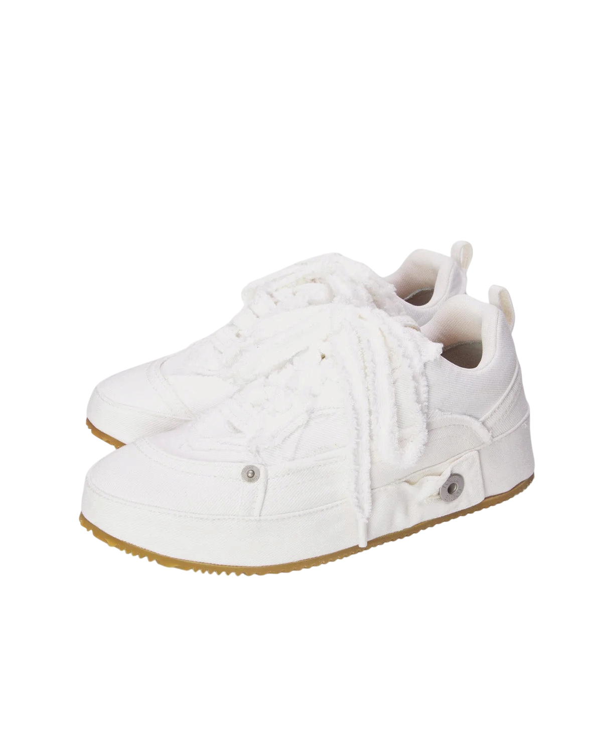 Loewe Deconstructed sneakers in soft white denim, side view of the pair with frayed laces and gum soles