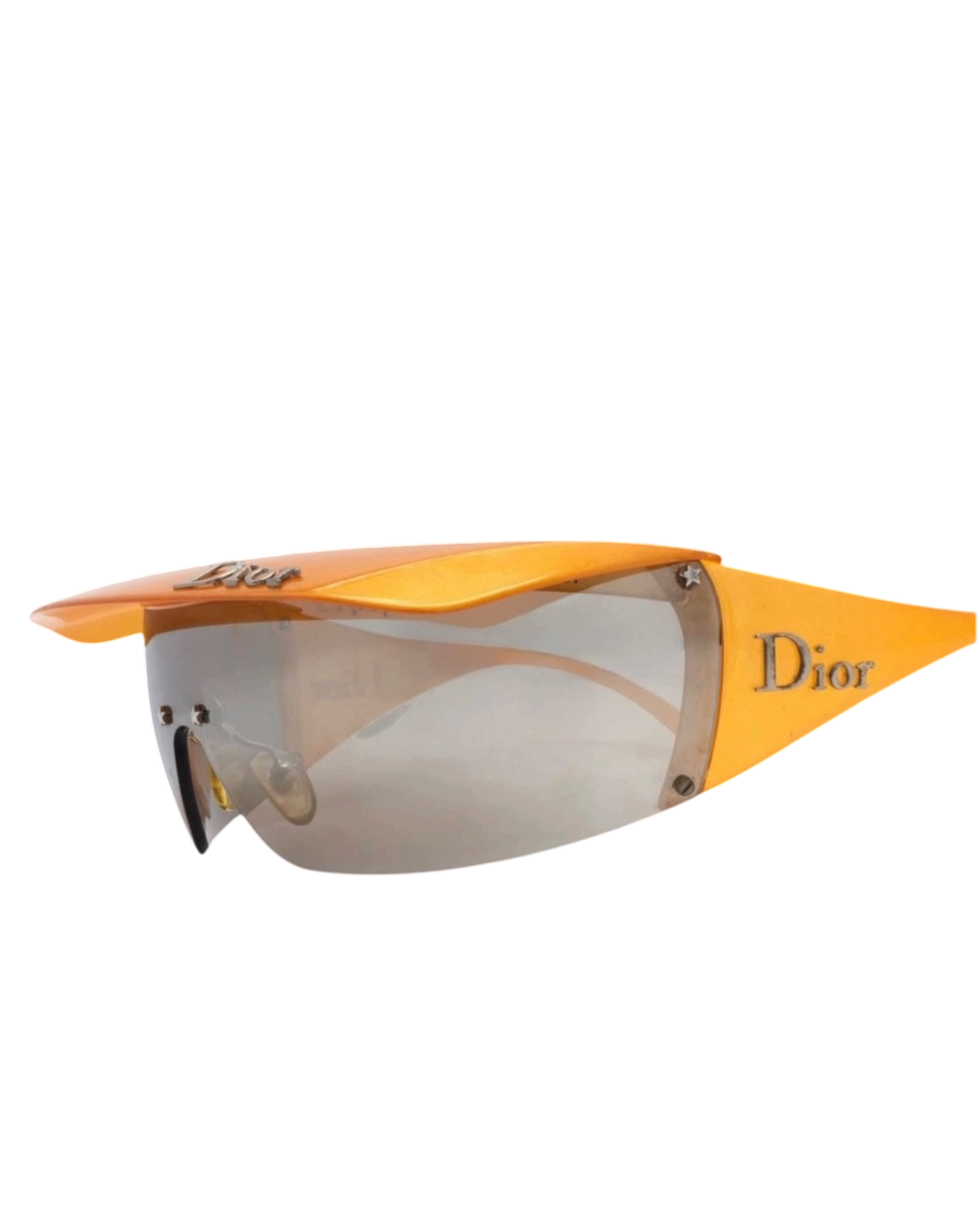 Dior Golf shield sunglasses in orange, angled view with visor attached, mirrored shield and silver Dior temple logo