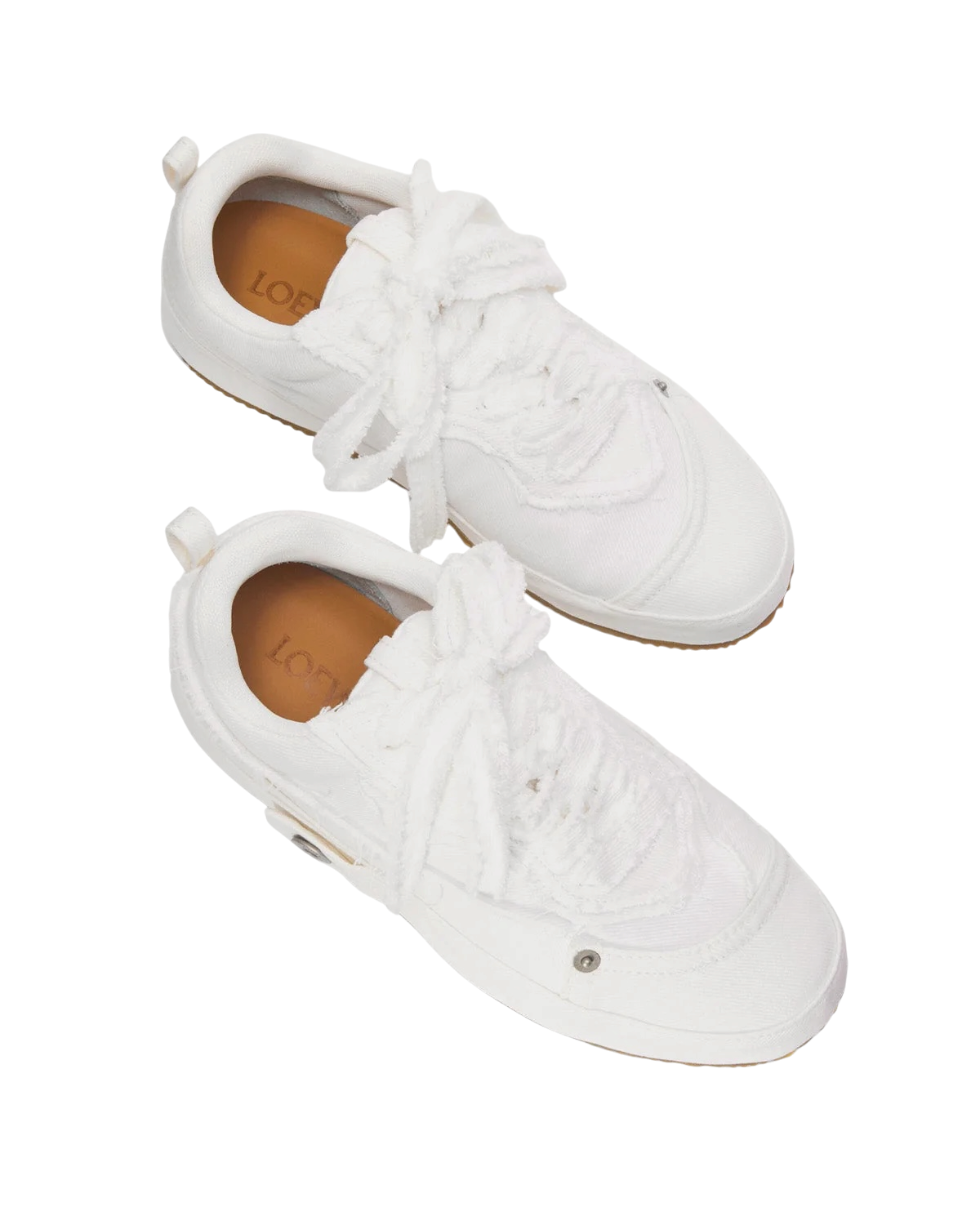 Loewe Deconstructed sneakers in soft white denim, top view of the pair with raw frayed laces and tan insoles