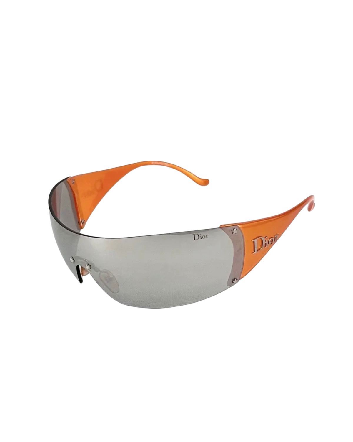 Dior Golf shield sunglasses in orange, angled view without the visor showing the silver shield and orange temples